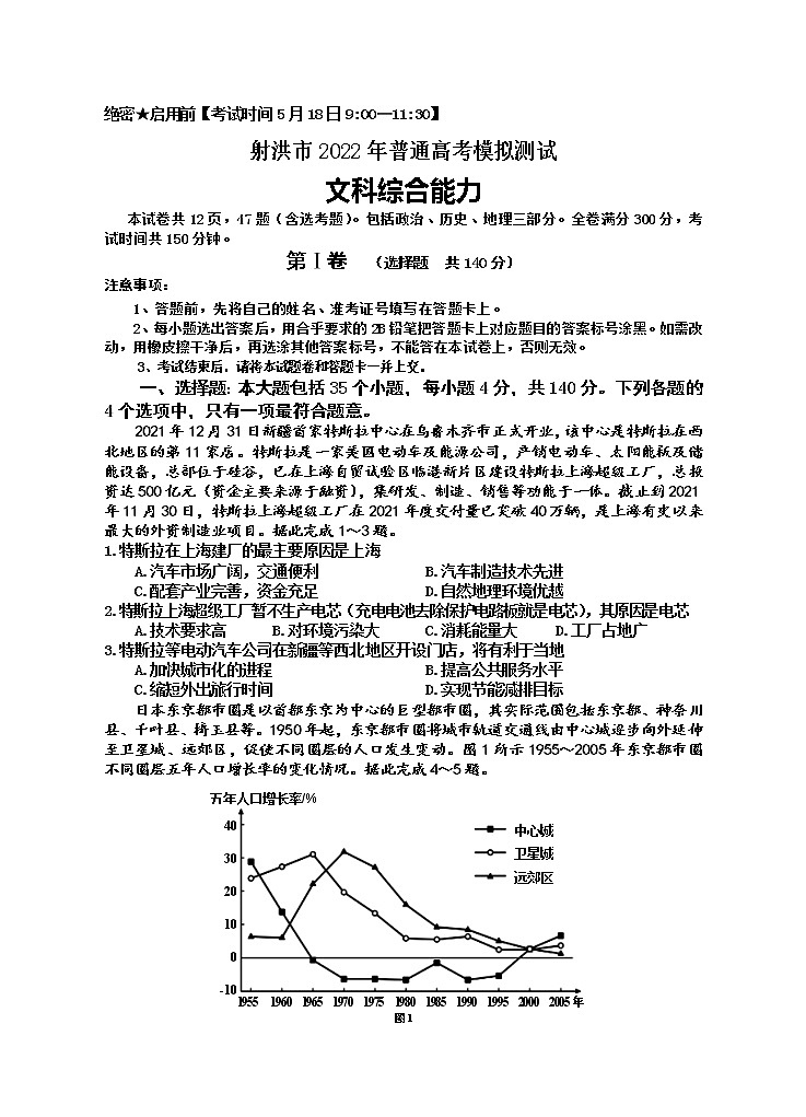 2022届四川省射洪市普通高考模拟测试文综试题（含答案）01