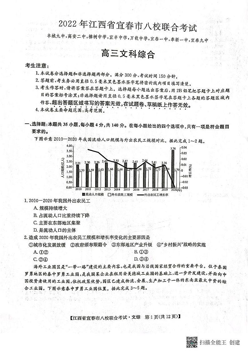 2022年江西省宜春市八校联合考试文综试题及答案01