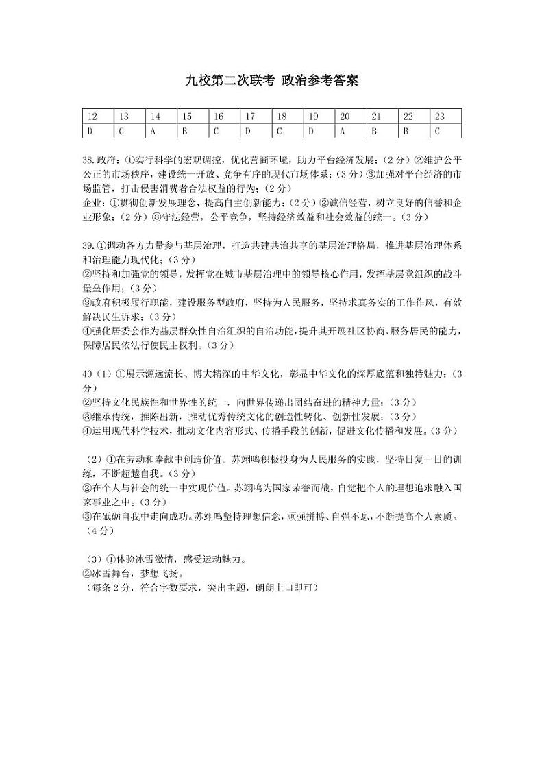 江西省重点中学协作体2022届高三第二次联考_ 政治答案第1页