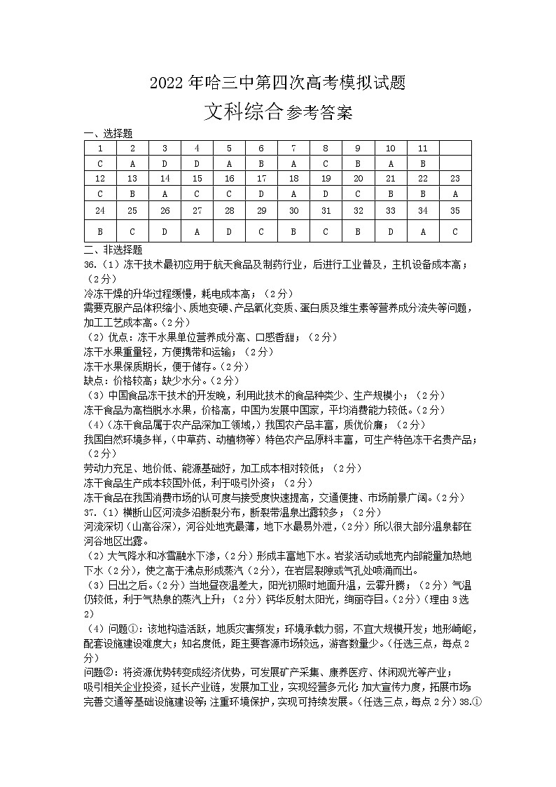 黑龙江省哈尔滨市第三中学2022年第四次高考模拟考试文综试卷及参考答案01