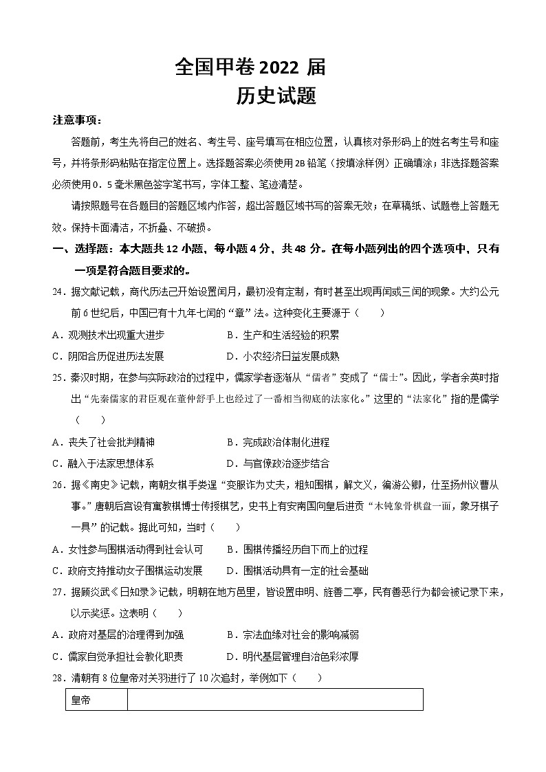 高考压轴卷——历史（全国甲卷） Word版含解析第1页