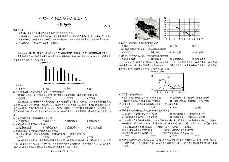 安徽省合肥一中2022年高三最后一卷 文综试题及答案 pdf版第1页