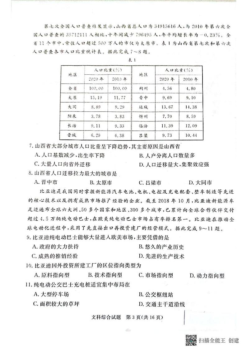 2022吕梁高三下学期二模文综PDF版含答案 试卷03