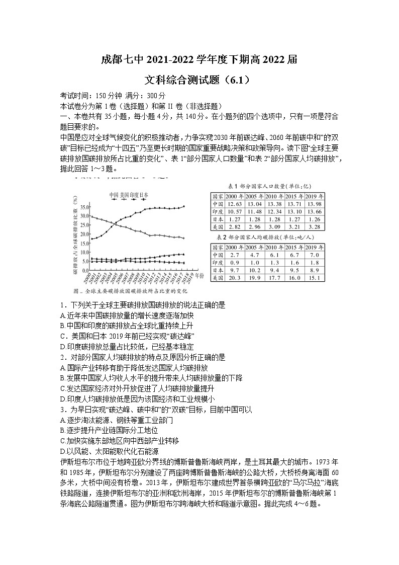 2022届四川省成都市第七中学高三下学期热身考试文科综合试题及答案第1页