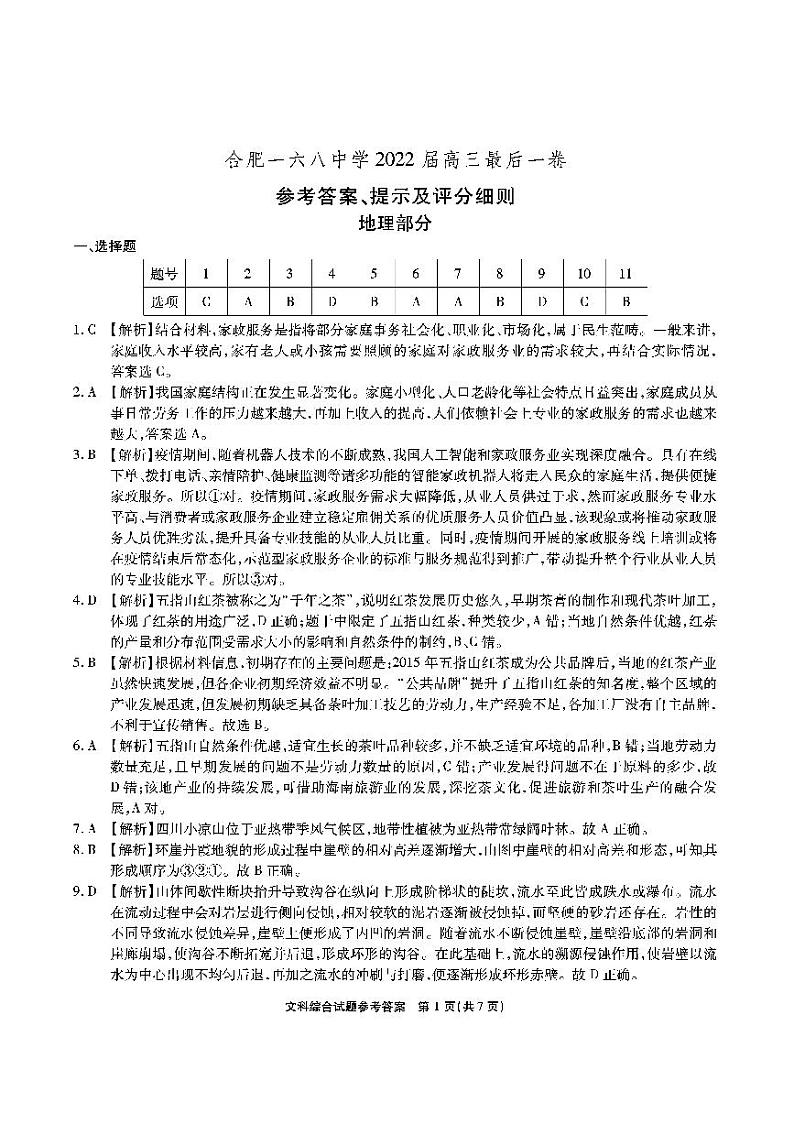 2022合肥168中学最后一卷文综试卷及参考答案01