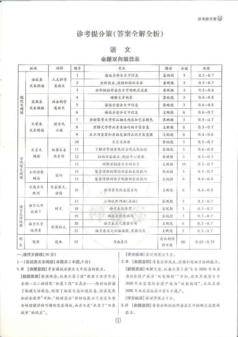 22届全国统一高考王后雄文科卷答案解析第2页
