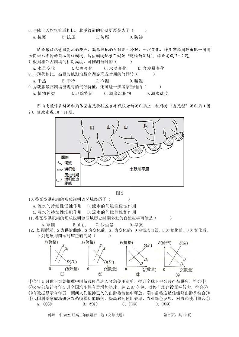 安徽蚌埠二中 2021届高考最后一卷   文科综合试题第2页
