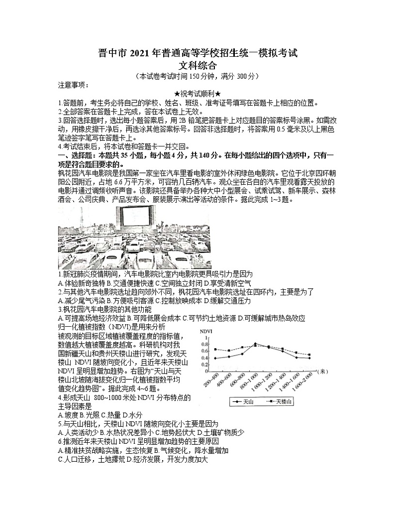 2021届山西省晋中市高三5月统一模拟考试（三模）文科综合试题（word含解析）第1页