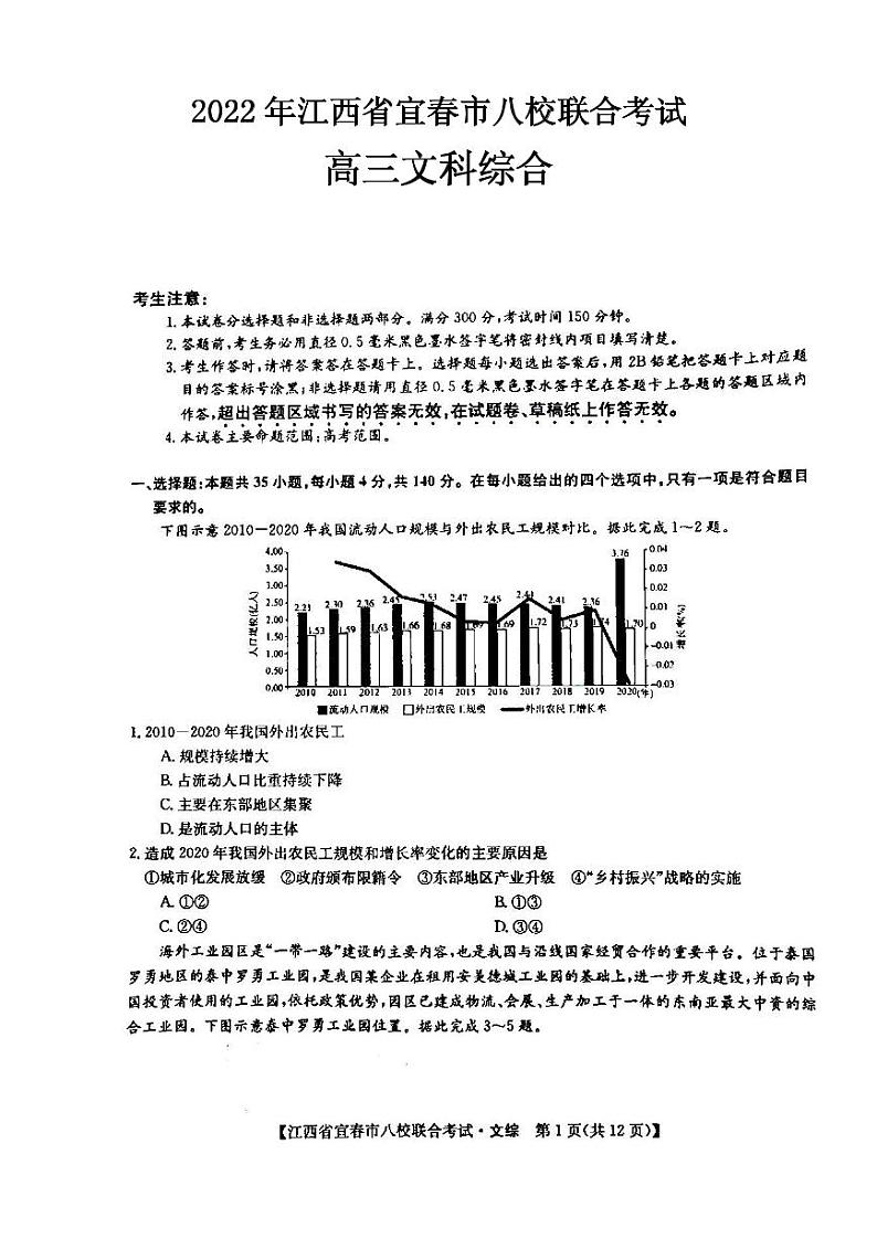 2022年江西省宜春市八校联合考试文科综合试题含答案01