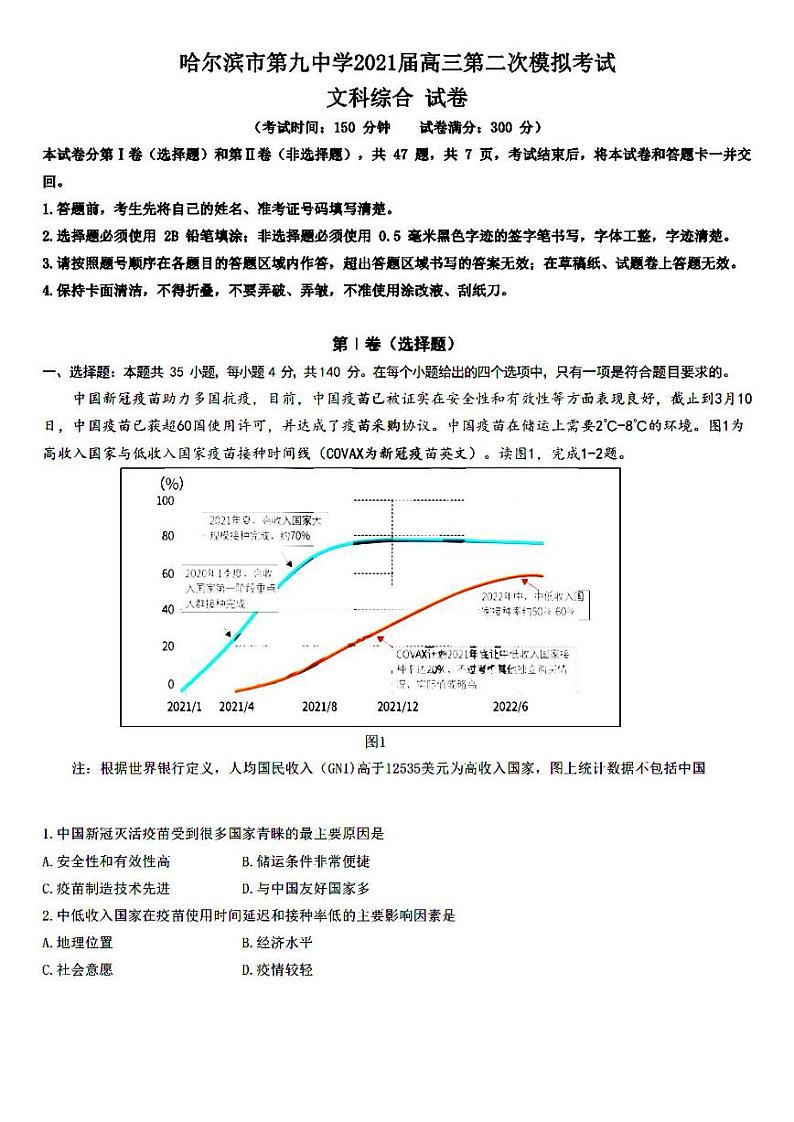 2021省哈尔滨九中高三下学期3月第二次模拟考试文科综合试题PDF版含答案01