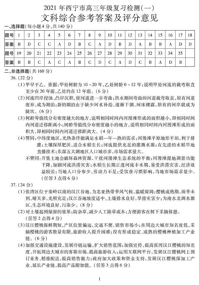 2021西宁高三下学期复习检测一（一模）文综试题含答案01