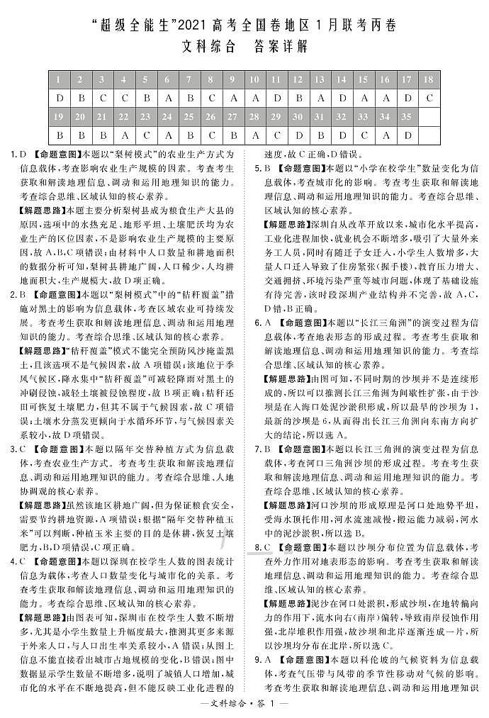 文综解析-“超级全能生”2021高考全国卷地区1月联考丙卷第1页
