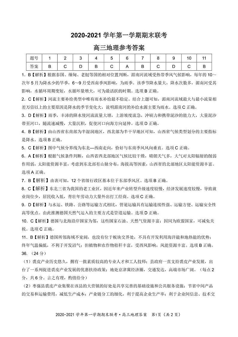 2021安徽省名校高三上学期期末联考文综试题含答案01