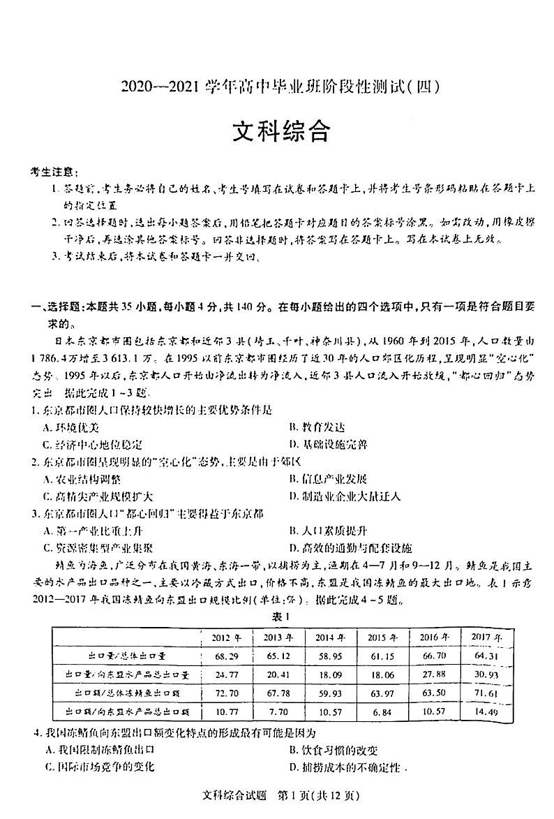 2021吉安遂川中学高三阶段性测试（四）文综试卷扫描版含答案第1页