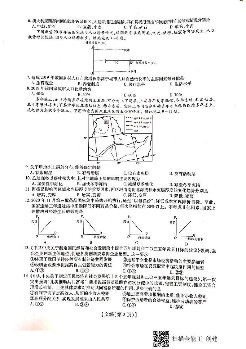 江西省重点中学2021届高三上学期总复习阶段性检测考试文科综合试题（图片版）第2页