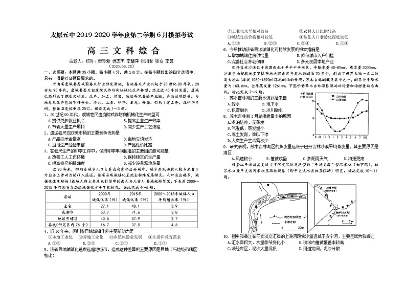 2020太原五中高三第二次模拟考试（6月）文科综合含答案01