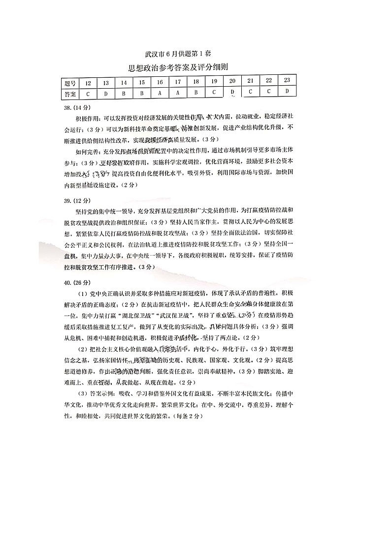 2020武汉高三毕业生六月供题（一）文科综合试题含答案02