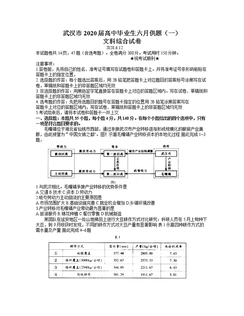 2020武汉高三毕业生六月供题（一）文科综合试题含答案01