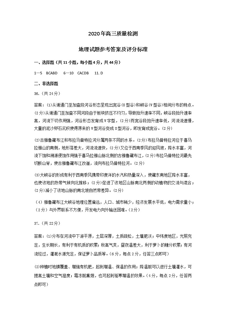 2020年高三质量检测地理试题参考答案及评分标准第1页