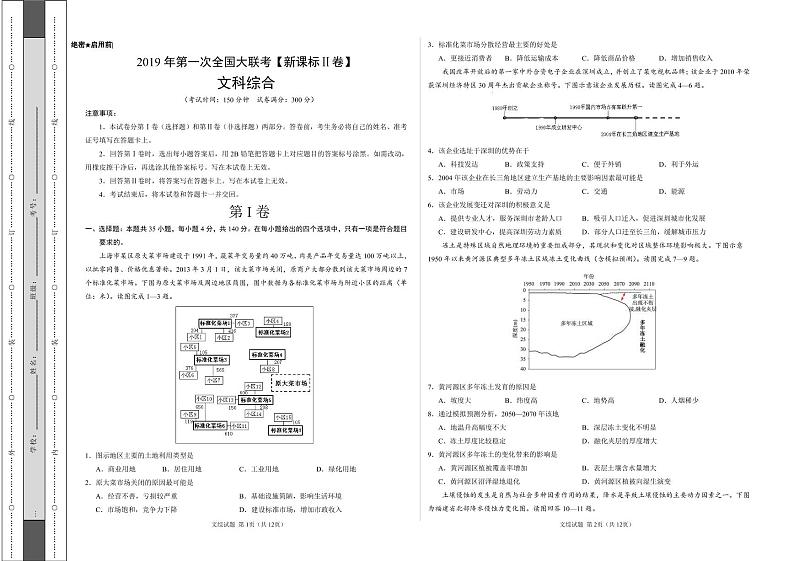 2019 年第一次全国大联考【新课标Ⅱ卷】文科综合1第1页