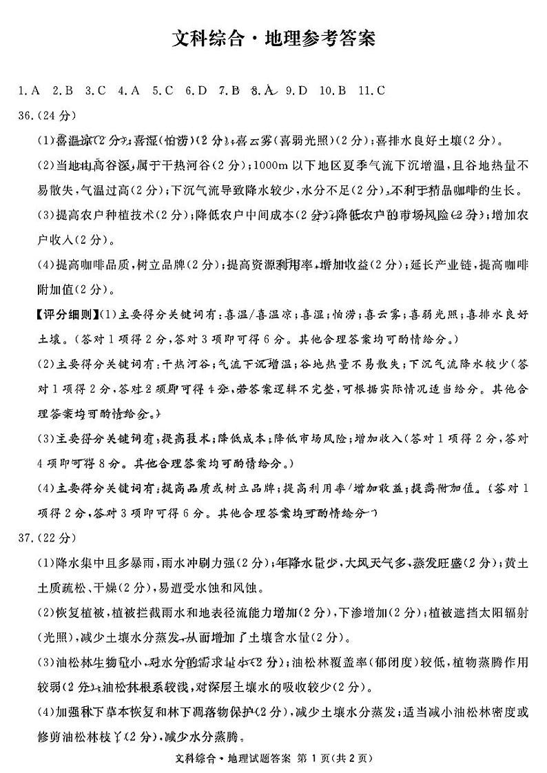 2023届四川省广安、遂宁、眉山、雅安、广元、资阳高三上学期高考第一次诊断性考试文科综合试题及答案01