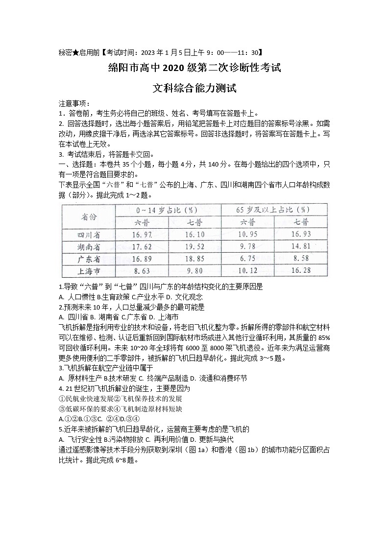 四川省绵阳市2022-2023学年高三上学期第二次诊断性考试（1月）+文综+Word版含答案01