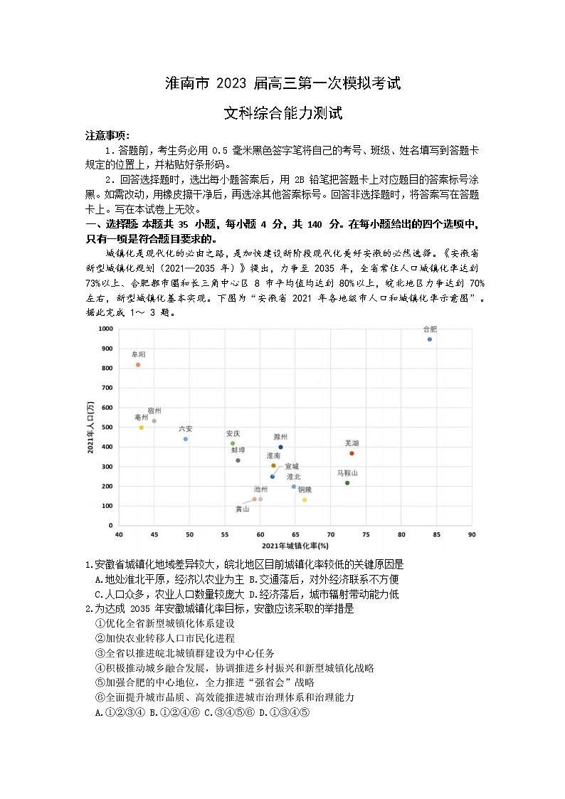 淮南市2023届高三“一模”文综试题第1页
