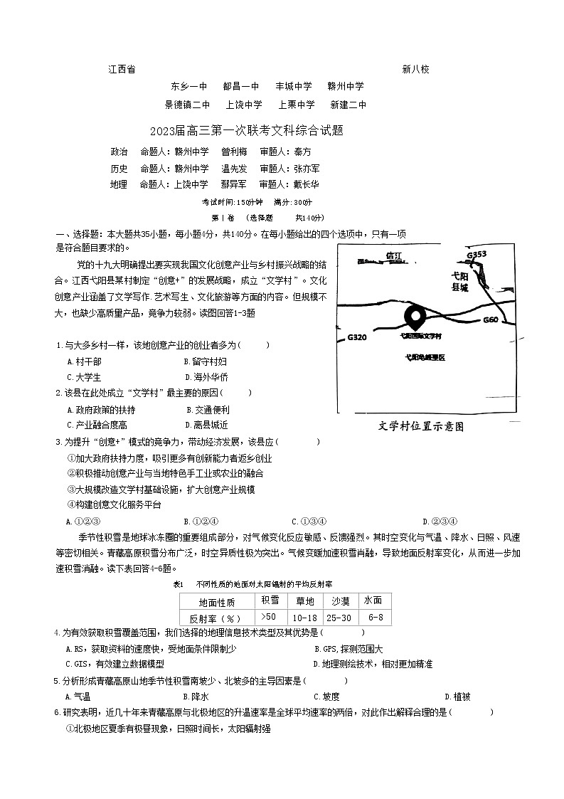 江西省新八校2022-2023学年高三上学期第一次联考文科综合试题无答案第1页