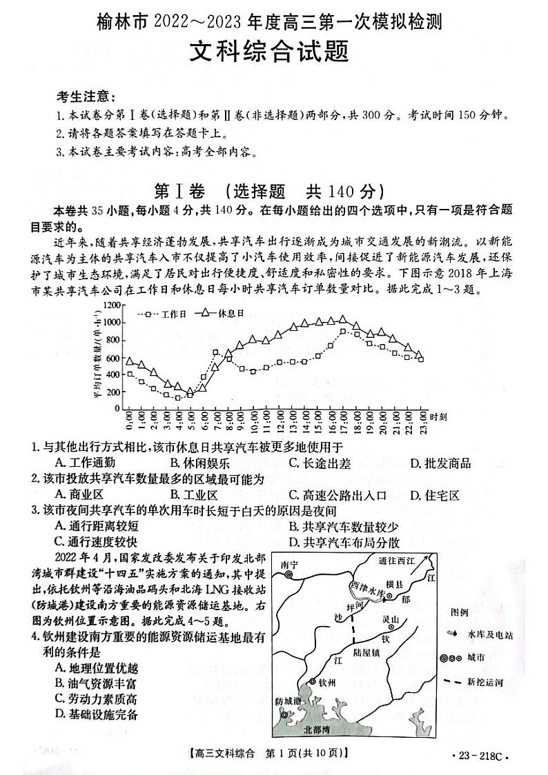 2023届陕西省榆林市高三一模文综试题及答案01