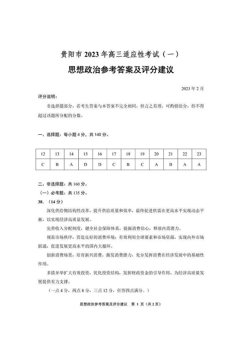 2022-2023学年贵州省贵阳市高三下学期适应性考试（一）（一模）文综试题 PDF版01