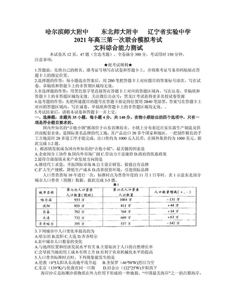 2021届东北三省三校（哈师大附中、东北师大附中、辽宁省实验中学）高三第一次联合模拟考试（3月）文综试题 PDF版第1页