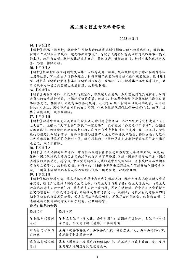 江西省赣州市2023届高三年级（一模）丨文综历史答案第1页
