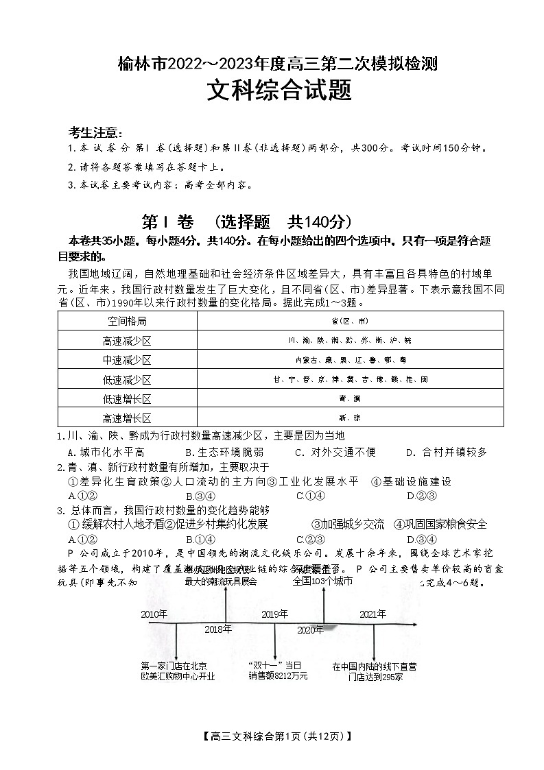 2023榆林高三下学期二模文综试题含答案01
