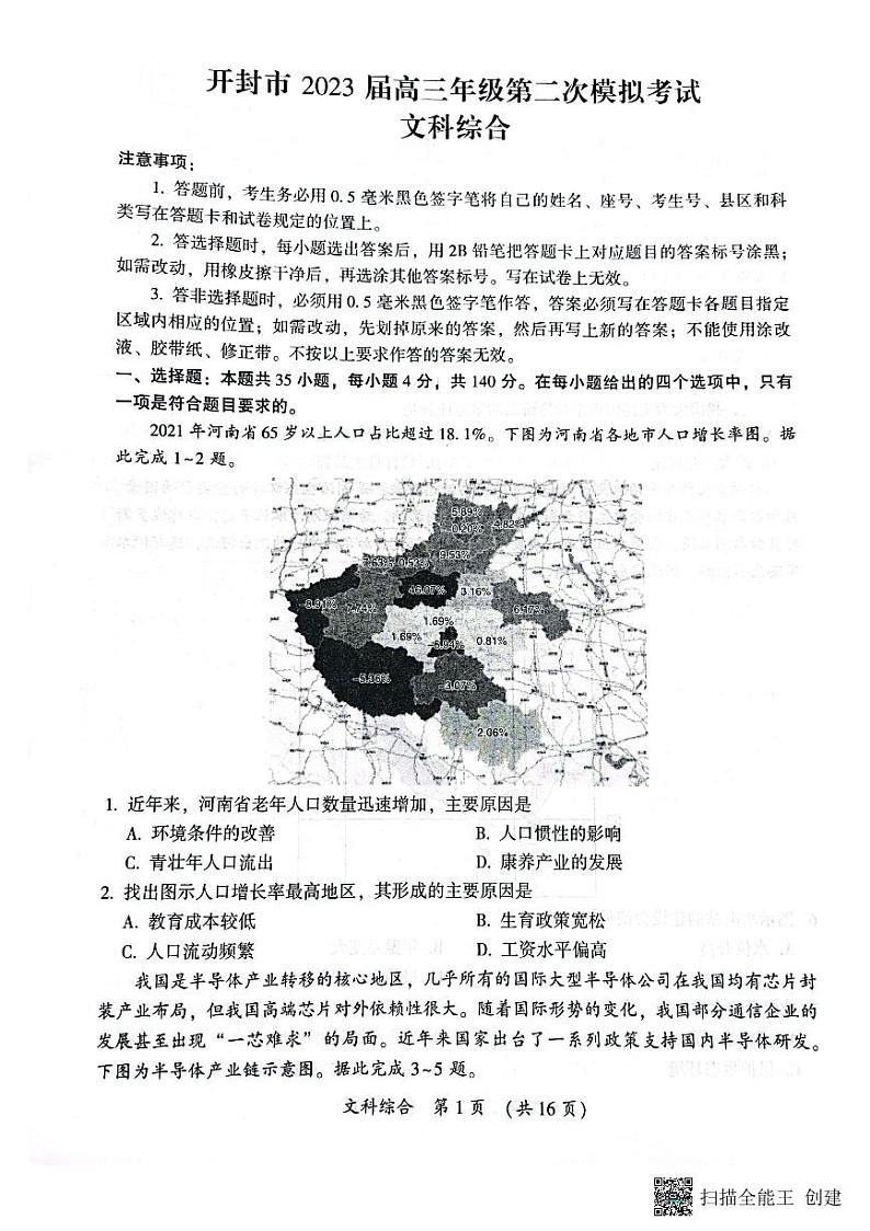 河南省开封市2023届高三下学期第二次模拟考试文科综合试卷01