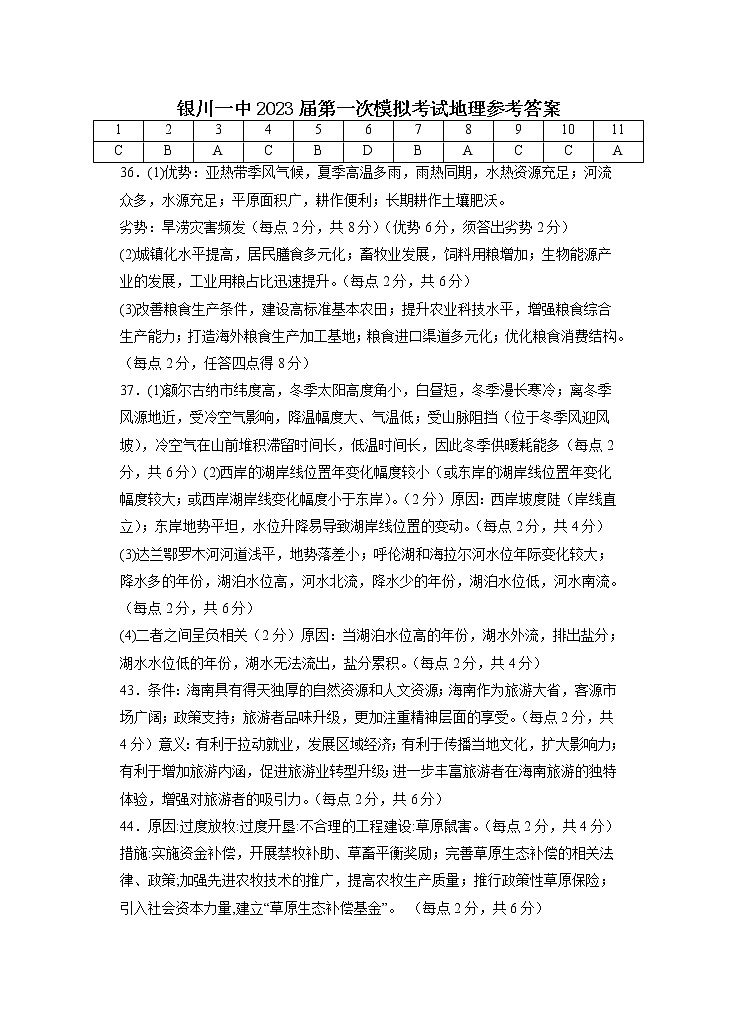 宁夏回族自治区银川一中2022-2023学年高三下学期第一次模拟考试文科综合试题01