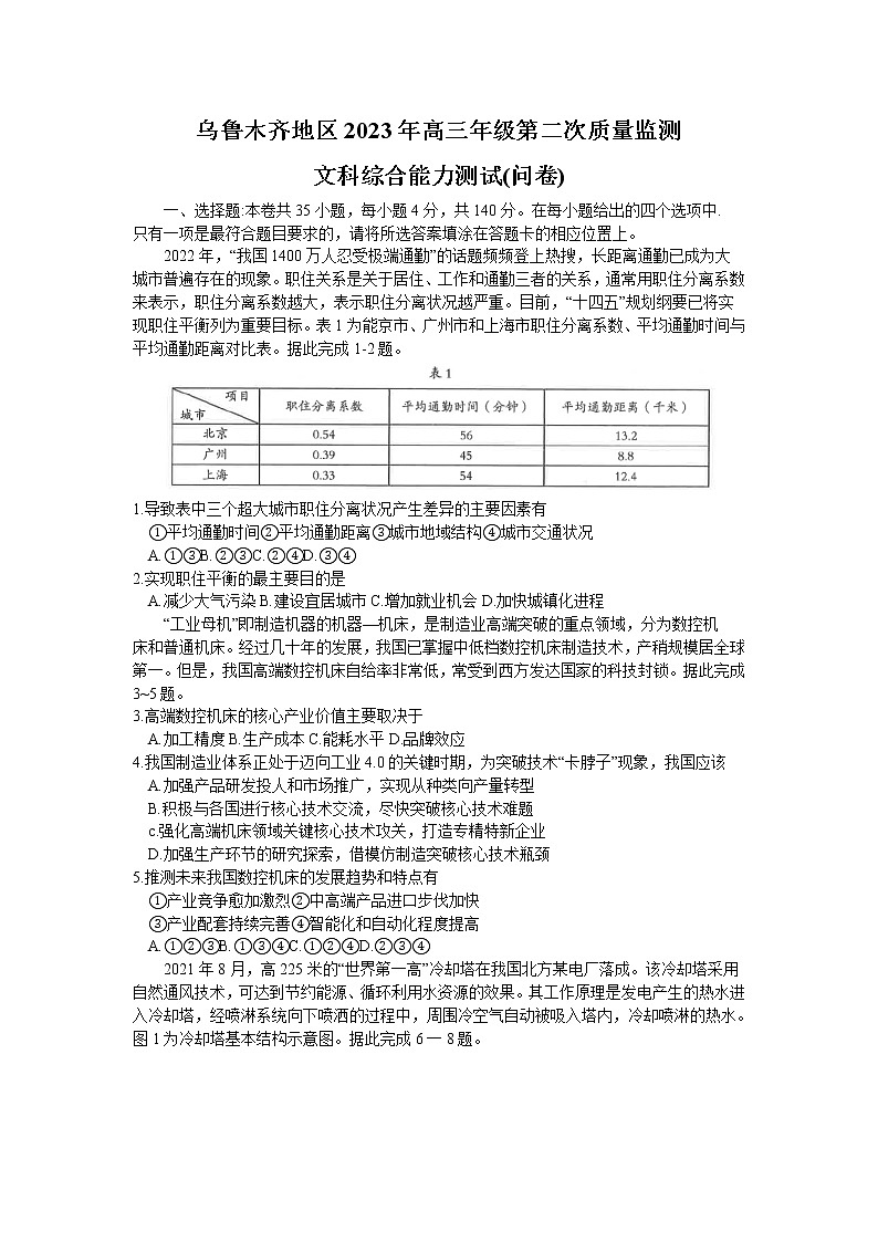 2023届新疆维吾尔自治区乌鲁木齐市高三第二次质量检测文综试题(含答案)01