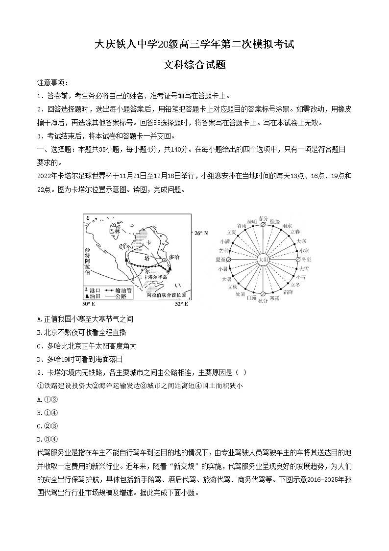 2023届黑龙江省大庆铁人中学高三第二次模拟考试文科综合试卷（含答案）01