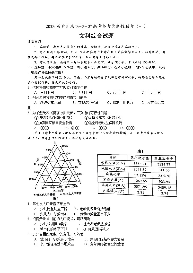 贵州省2023届高三下学期333高考文综备考诊断性联考试卷（一）（Word版附解析）01