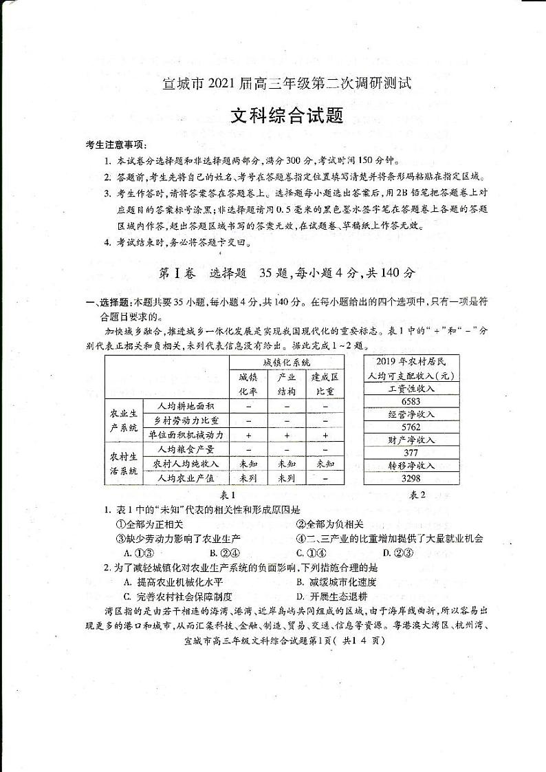 2021届安徽省宣城市高三下学期4月第二次调研测试文综试题 PDF版01