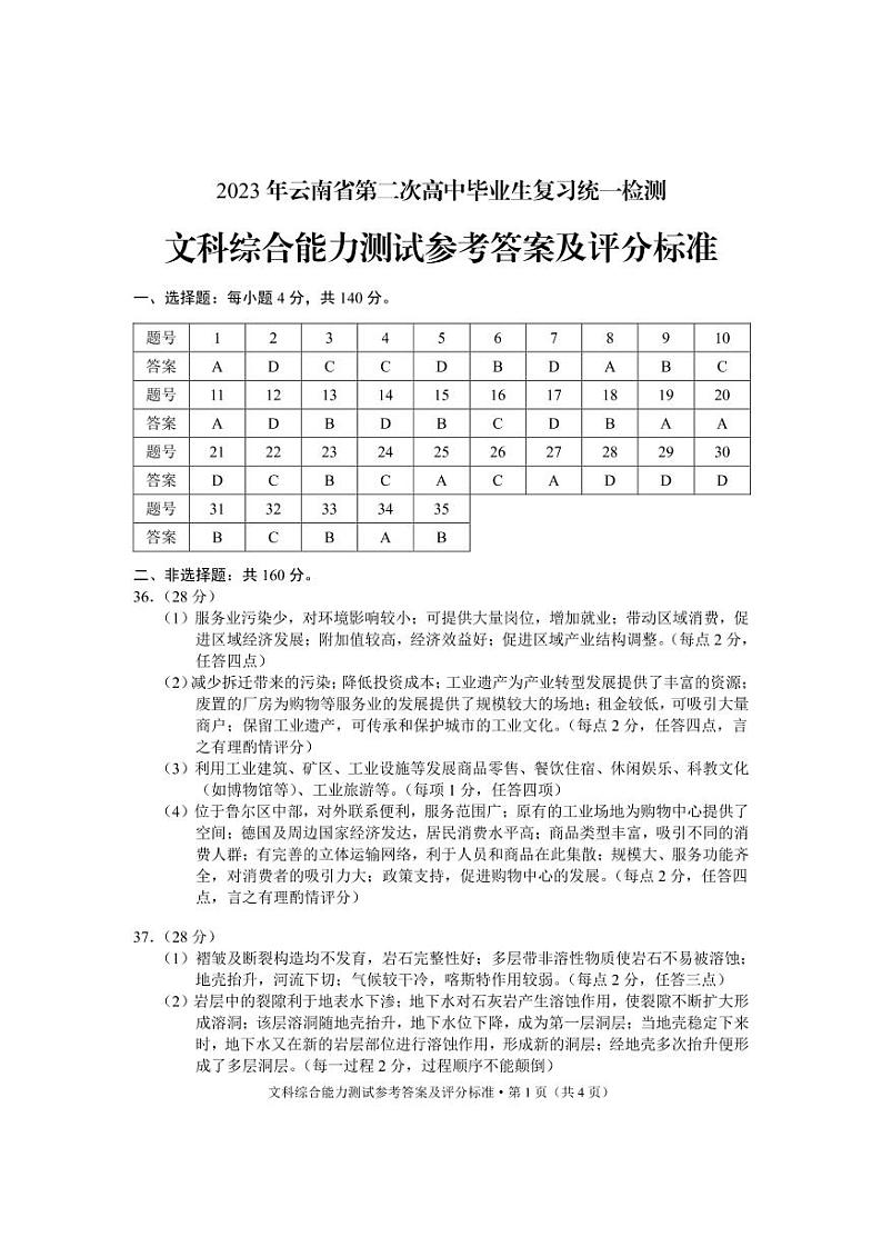2023年云南省第二次高中毕业生复习统一检测文综答案第1页