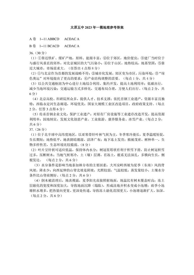 2023届山西省太原市第五中学高三下学期4月一模试题文综PDF版含答案01