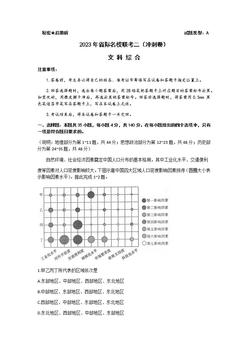 2023届山西省太原五中等省际名校联考二（冲刺卷）文科综合试题（解析版）01