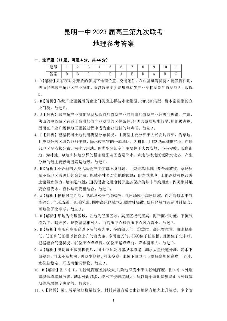 昆明市第一中学2023届高三第九次考前适应性训练 文综地理答案第1页