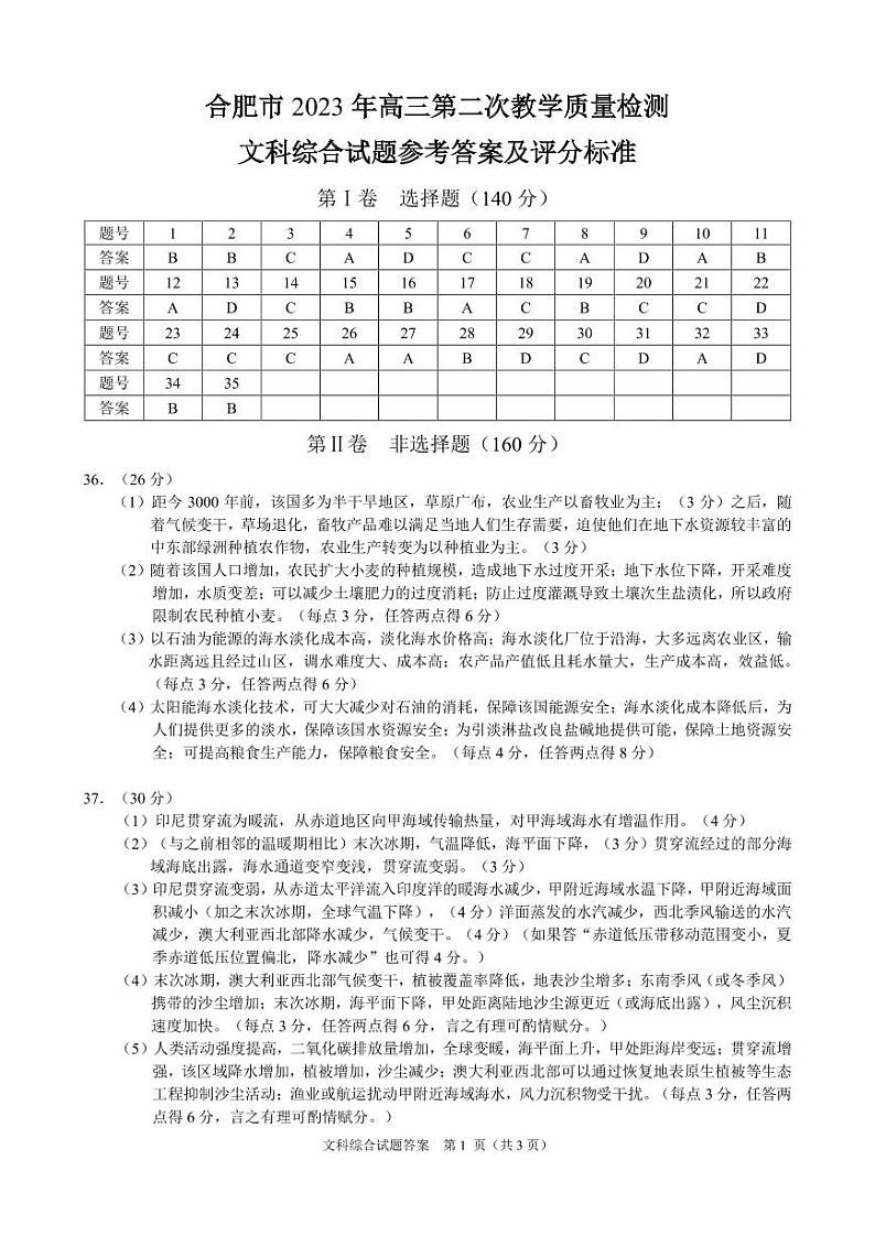 2023届安徽省合肥市高三第二次教学质量检测 文综答案第1页