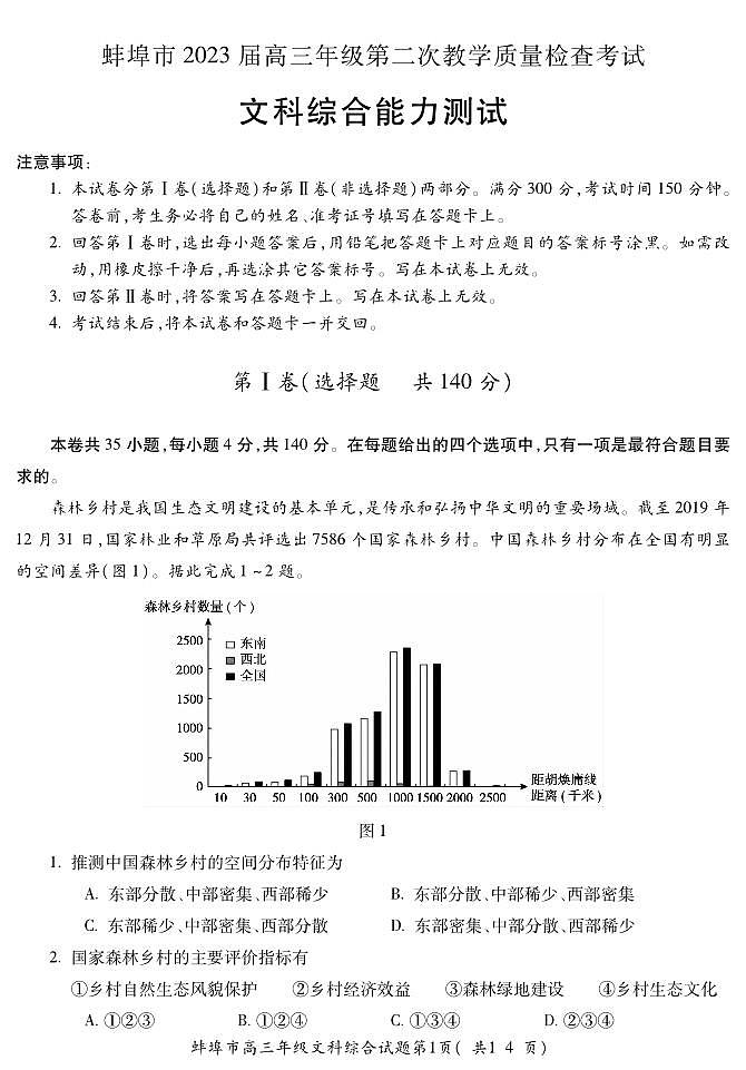 2023届安徽省蚌埠市高三第二次教学质量检查考试文综试题 PDF版01