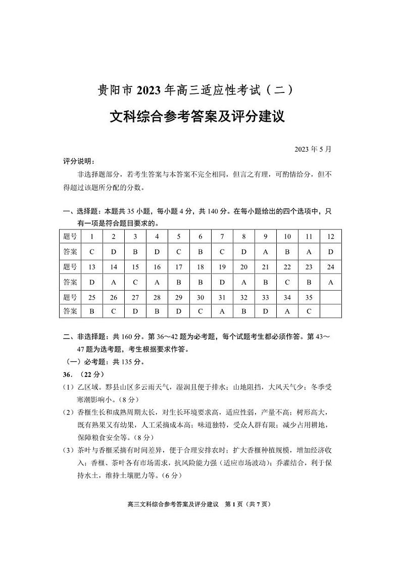 贵州省贵阳市2023届高三适应性考试（二)  文综答案第1页