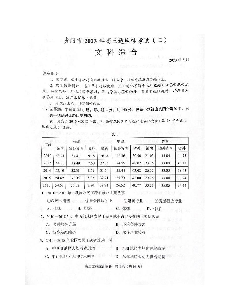 贵州省贵阳市2023届高三适应性考试（二）文综试卷第1页