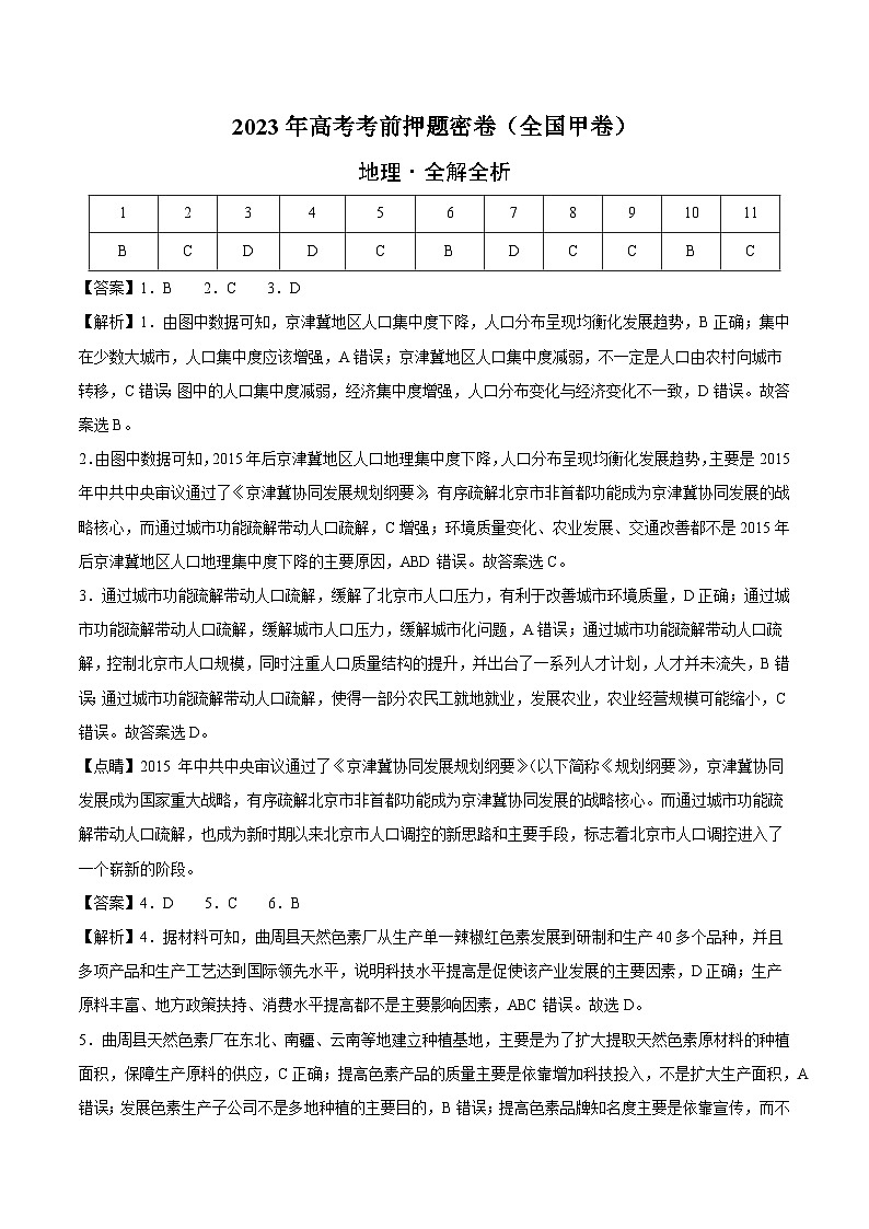 2023年高考考前押题密卷：文科综合（全国甲卷）（全解全析）01