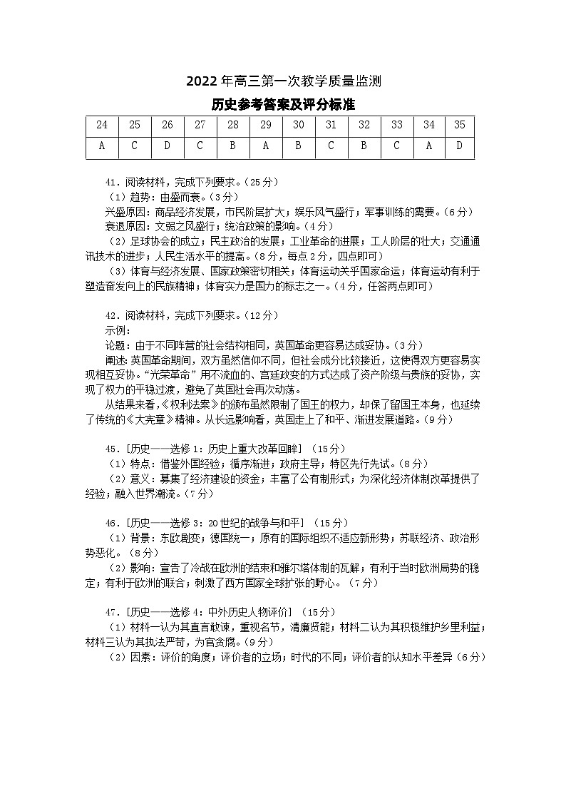 2022高三一模历史答案第1页