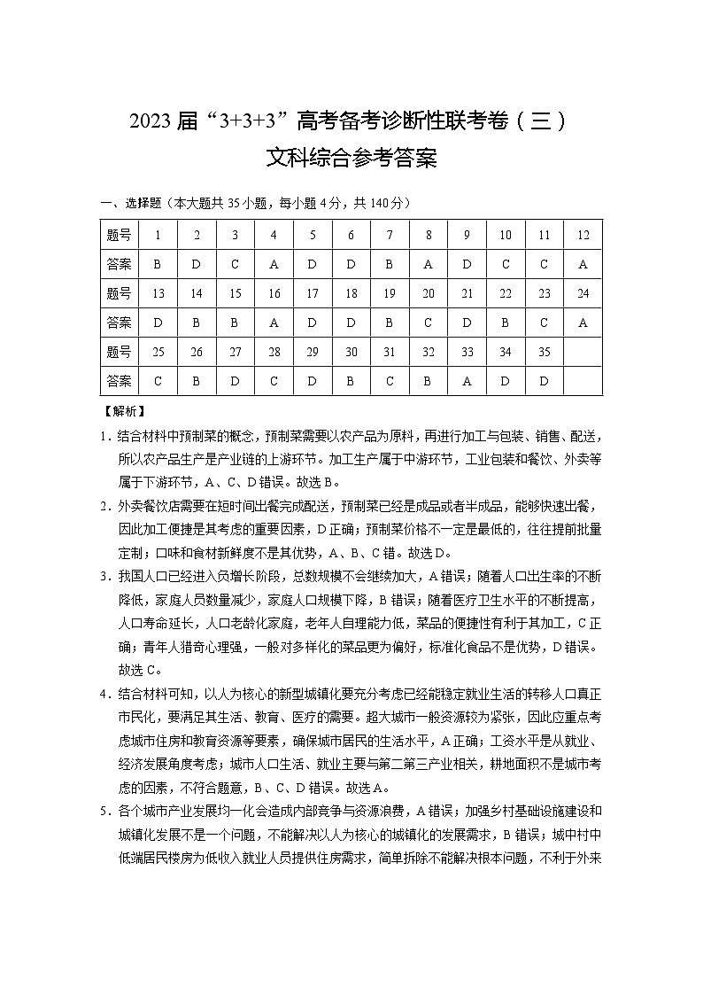 2023届“3+3+3”高考备考诊断性联考卷（三）文综-答案第1页